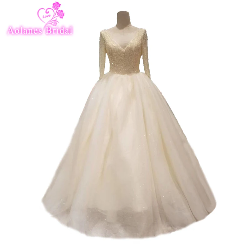 

Aolanes 2018 Champagne Tulle Long Sleeves V-neck Bridal Gowns Top Crystals Heavy Beads Wedding Dresses Custom Made Floor Length