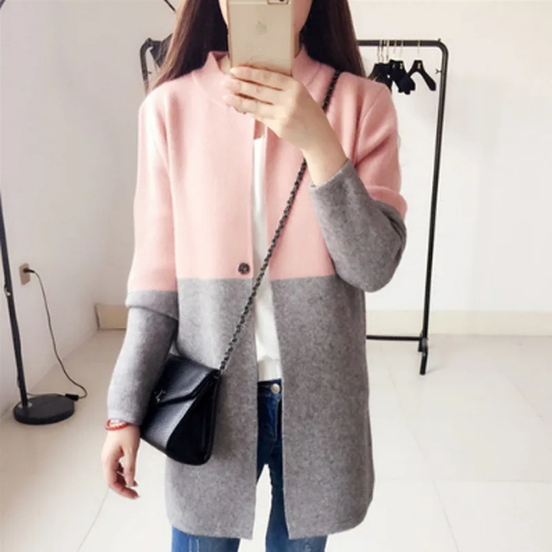 

costume Korean style casual color block loose woman knit coat spring and autumn long sleeve patchwork cardigan female long coats