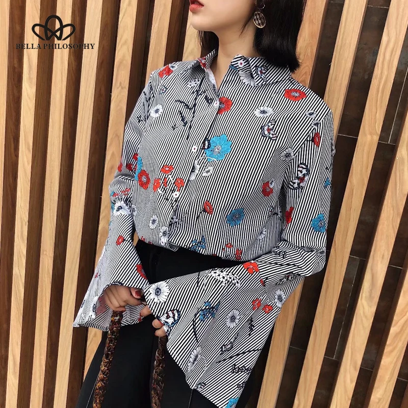 Wonder 2018 new spring summer women striped shirts fashion loose print floral female shirts flare sleeve casual vintage shirt