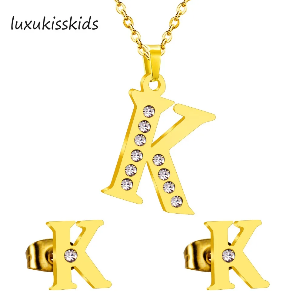 LUXUKISSKIDS New Arrival Elegant Alphabet K Letter Stainless Steel Jewelry Sets Gold color