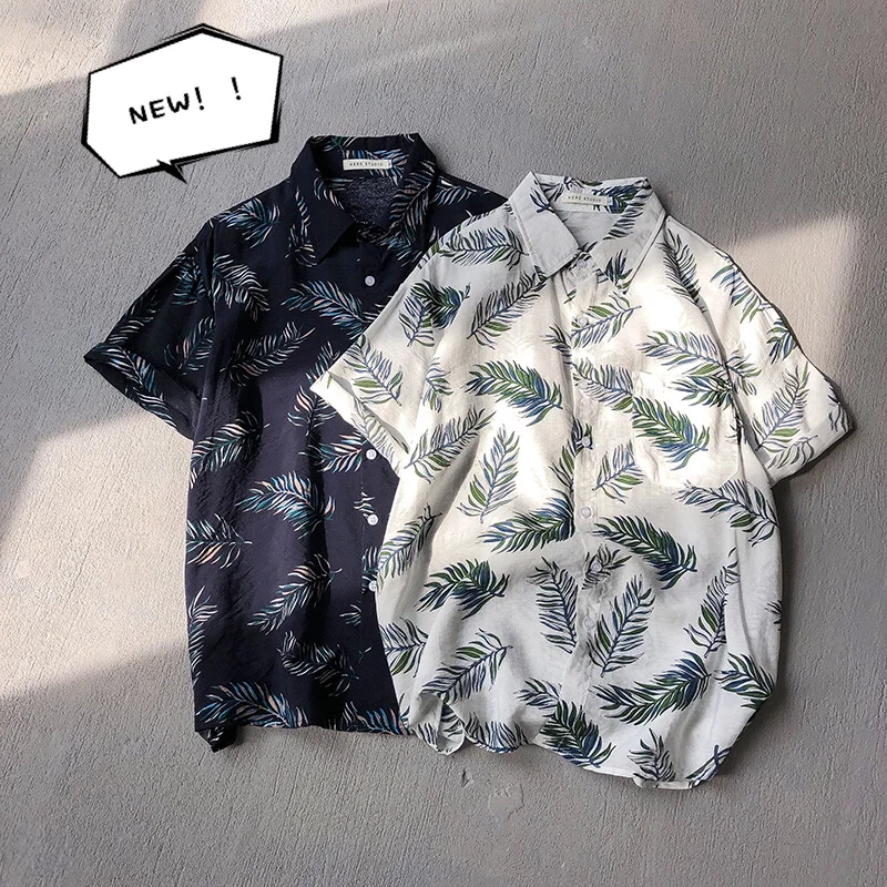 

Hot Sale Mens Hawaiian Shirt Leaf Printing Man's Shirt Blue White S-XL Casual Men Shirt Short Sleeve