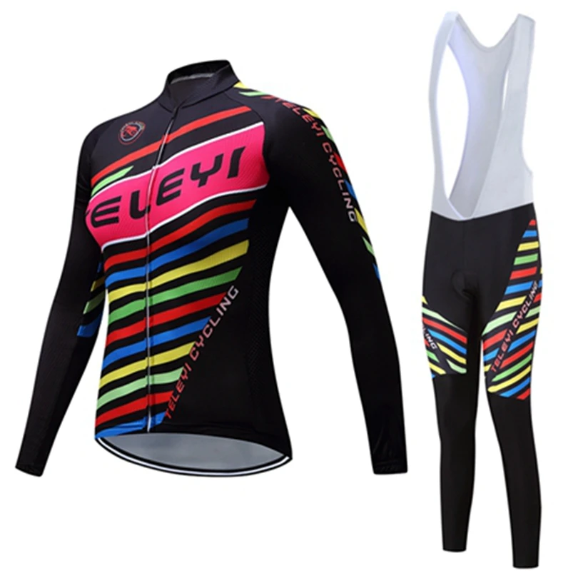 

TELEYI Outdoor Sports Cycling Jersey Set Spring Summer Bike Ciclismo Breathable Bicycle Long Sleeves MTB Clothing Suit bib pants