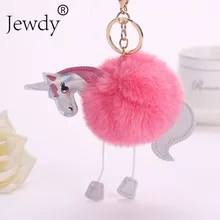 Unicorn pom keychain Artificial pompoms rabbit fur ball pompon key chain women bag car keyring porte clef holder fluffy pom pom