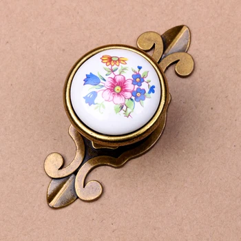 Door Handle Vintage Ceramic Metal Flower White Bronze Door Handles Kitchen Cabinet Wardrobe Cupboard Drawer Pull Knobs