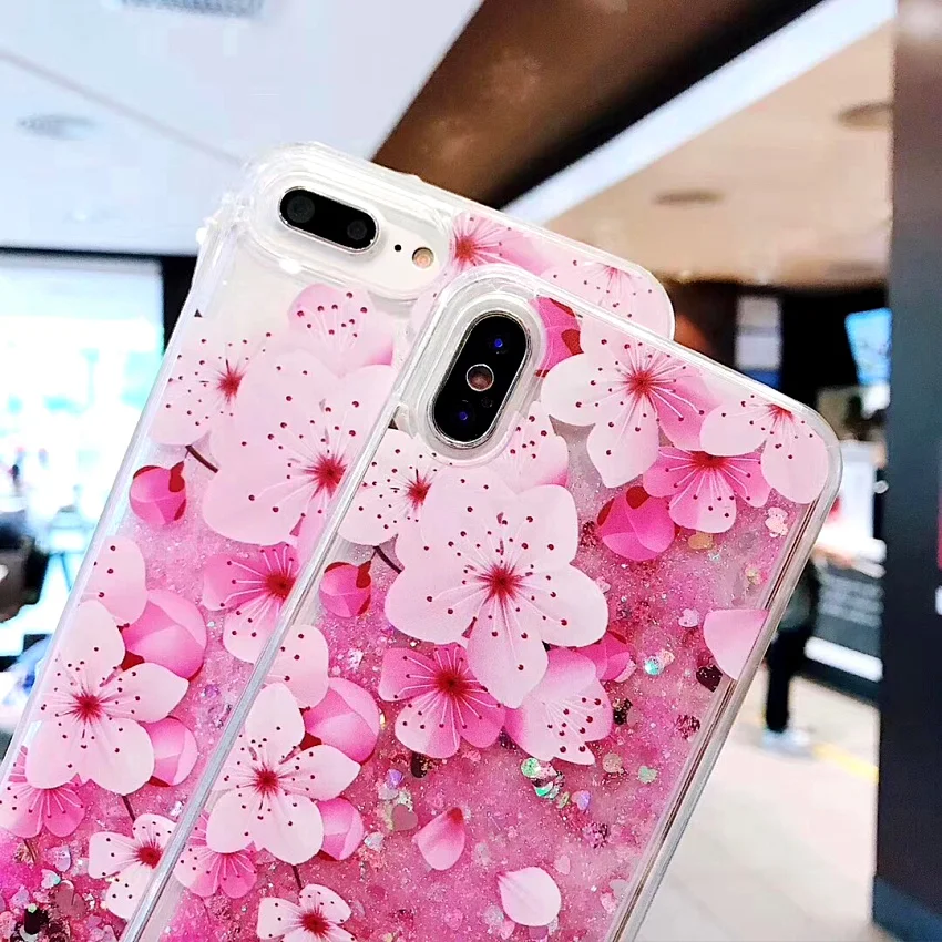 PINK LIPS Luxury Glitter Quicksand Peach blossom Case For iphone  XR X XS Max 6 6S 7 8 Plus Flower Liquid Case With Crystal rope (5)