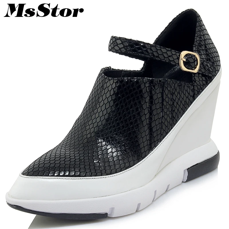 

MsStor Genuine Leather Wedges Women Pumps Casual Fashion Pointed Toe Metal Buckle Pumps Women Shoes 2018 Woman Brand Pumps Shoes