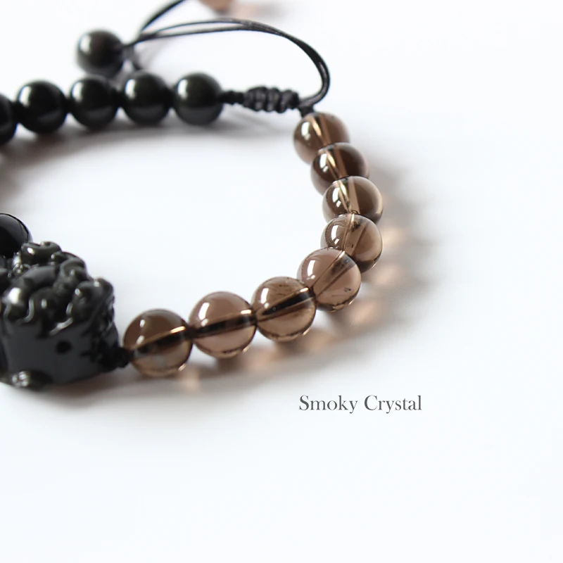 Preise Großhandel Chinesische Traditionelle Pixiu Drache Schwarz Obsidian Mit Smoky kristall Perlen Herren Armband Glück Schmuck Einstellbare Größe