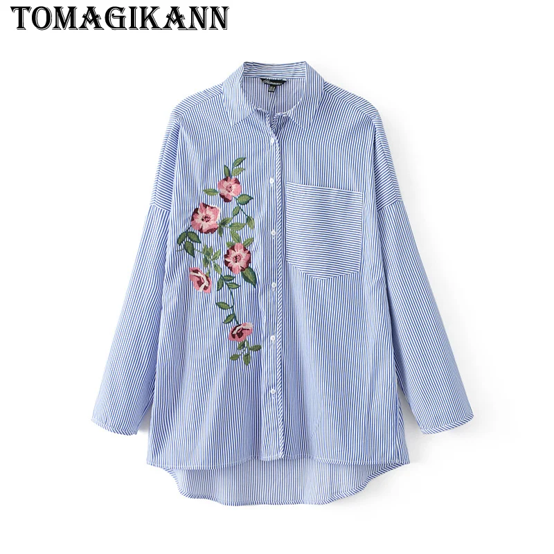 2017 Vintage Flower Embroidery Contrast Striped font b Women b font font b Blouse b font