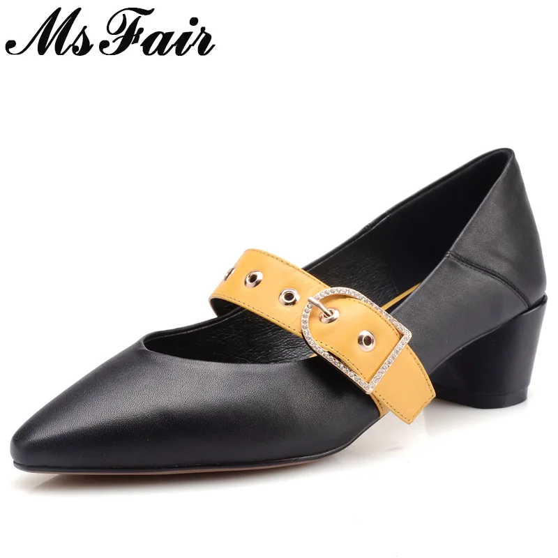 

MsFair Pointed Toe Square heel Women Pumps Fashion Mixed Colors Ladies Med Heel Pumps Spring Shallow Buckle Women Pumps Shoes