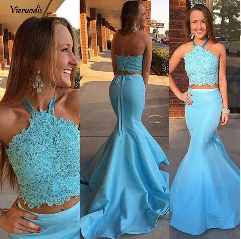 

Blue Halter Two Pieces Prom Dresses 2016 Lace Backless Satin Mermaid Skirts Evening Gowns Girls Formal Pageant Dresses Customize