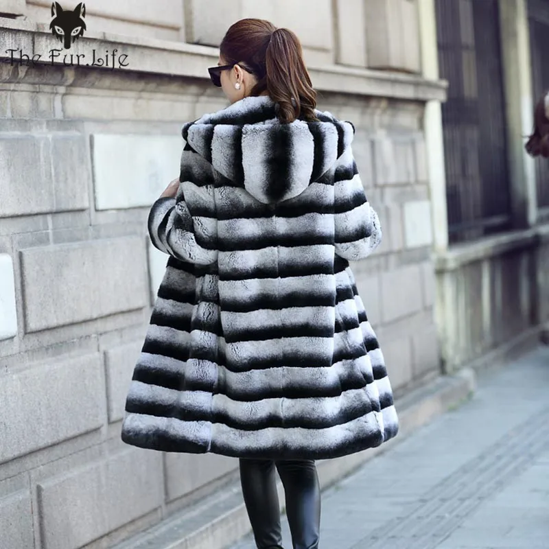 

Long Russian Real Rex Rabbit Fur Chinchilla Fur Coat/Grey Striped Outwear With Hood Plus Size Fur Coats Men Fur Coat Jacket