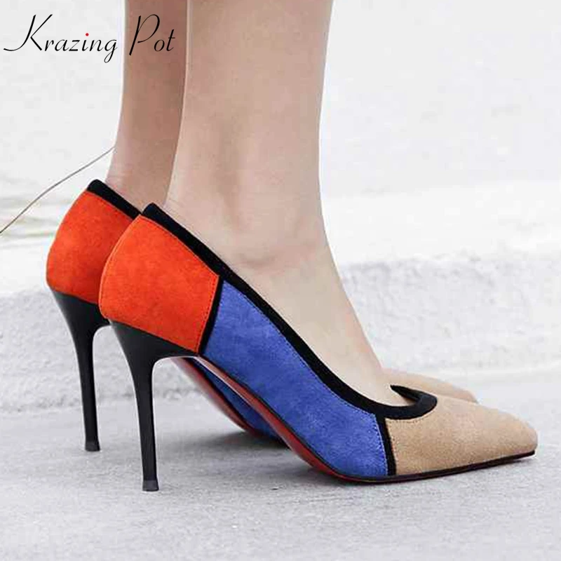 

KRAZING POT shallow Summer sheep suede brand shoes super thin high heels mixed color pointed toe slip on fashion icon pumps L25