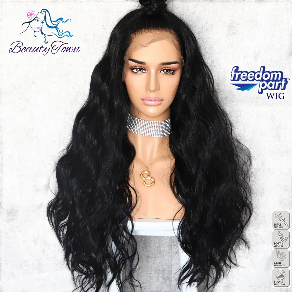 

BeautyTown Black Color 13x6 Big Lace Free Part Futura Heat Resistant No-Tangle Hair Daily Makeup Layer Synthetic Lace Front Wigs