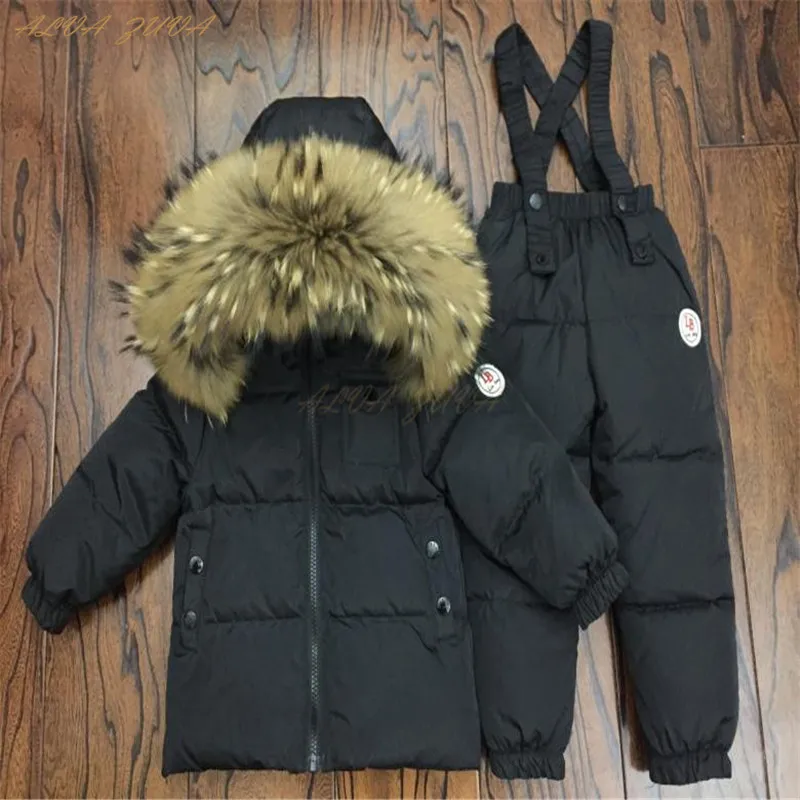 

Russia Winter Children Down Clothing Sets Kids Raccoon Fur Collar Jackets+Bib Pants Suit For Boys Girls Ski Set Cyy287