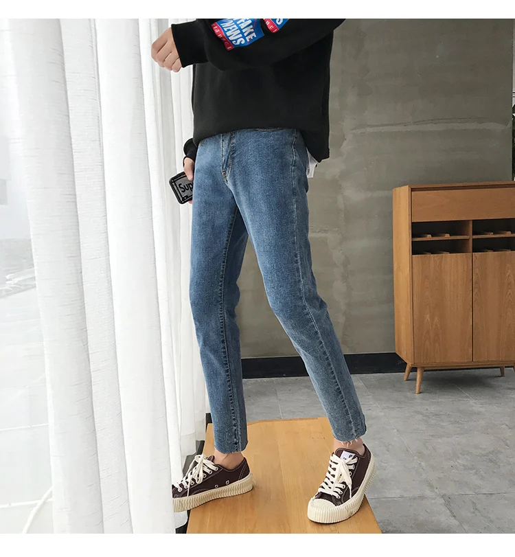 2018 японский стиль для мужчин весна сплошной цвет стрейч Slim Fit классический обтягивающие джинсы Синий повседневные штаны байкерские Джинс