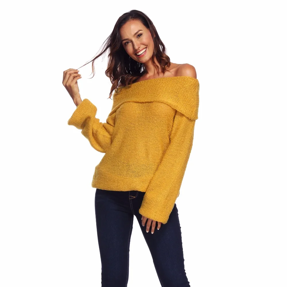 Ladies 2018 Autumn Hot New Sweater Long Sleeve Sexy Slash Neck Knit Loose Solid Pullovers Fashion | Женская одежда