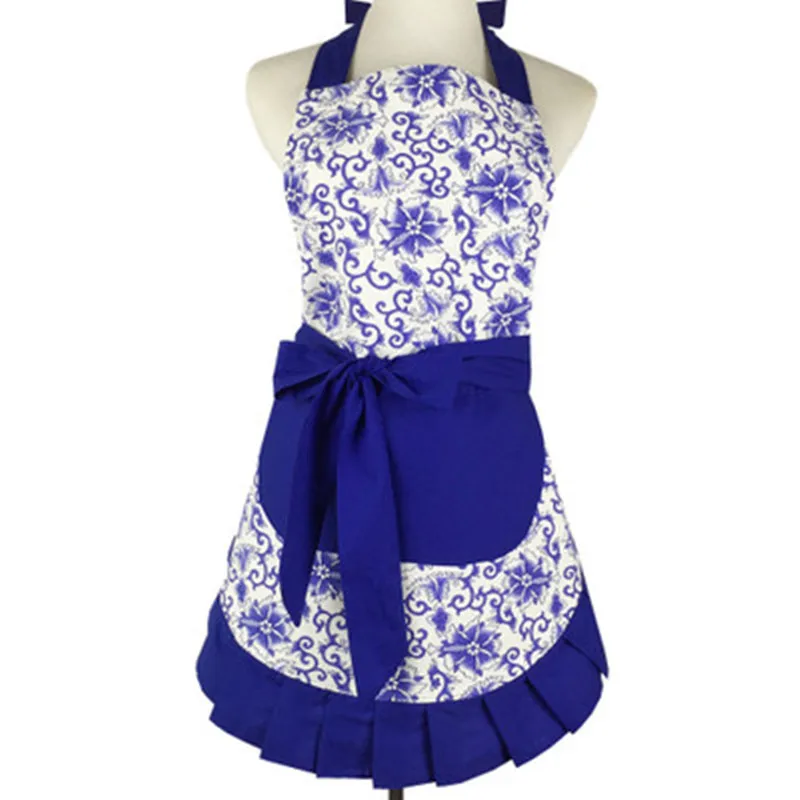

New Fashion Retro Cotton Canvas Blue and White Porcelain Blue Lace Apron Home kitchen Waiter Restaurant Apron for Women MarT6