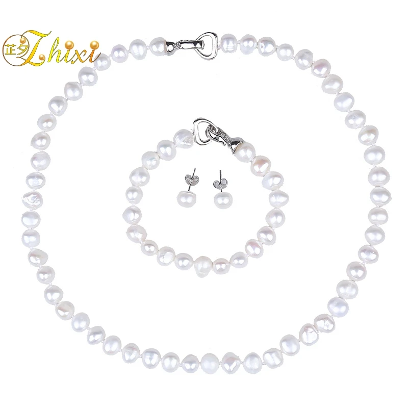 

[ZHIXI] Pearl Jewelry Sets For Women Natural Baroque Pearl Necklace Bracelet Earrings 8-9mm Fine Jewelry Trendy Gift T207