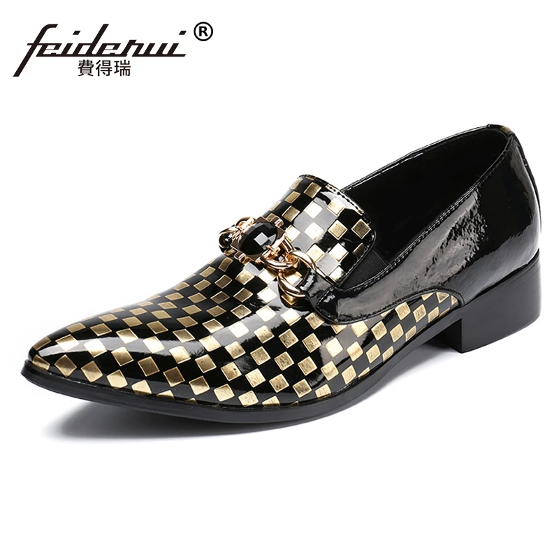 Sl107 Hochzeit Mann Strass On Schuhe Faulenzer Plaid Runway Schwarzes Slip Size Italienische Spitzschuh Plus Rocker Lackleder Herren IAXxZwq