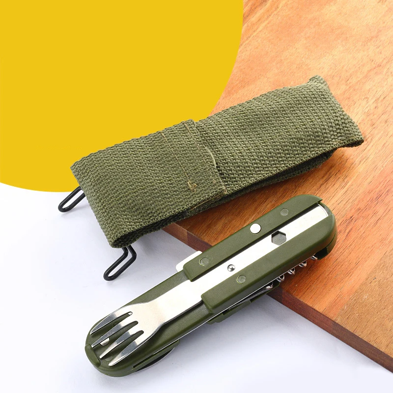 4 in 1 Stainless Steel Camping Fork Knife Spoon Bottle Opener Set