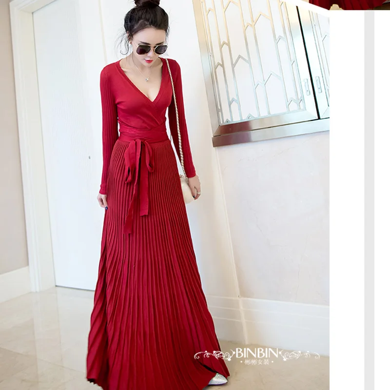 Женское трикотажное платье свитер с поясом и глубоким v образным вырезом|pleated maxi