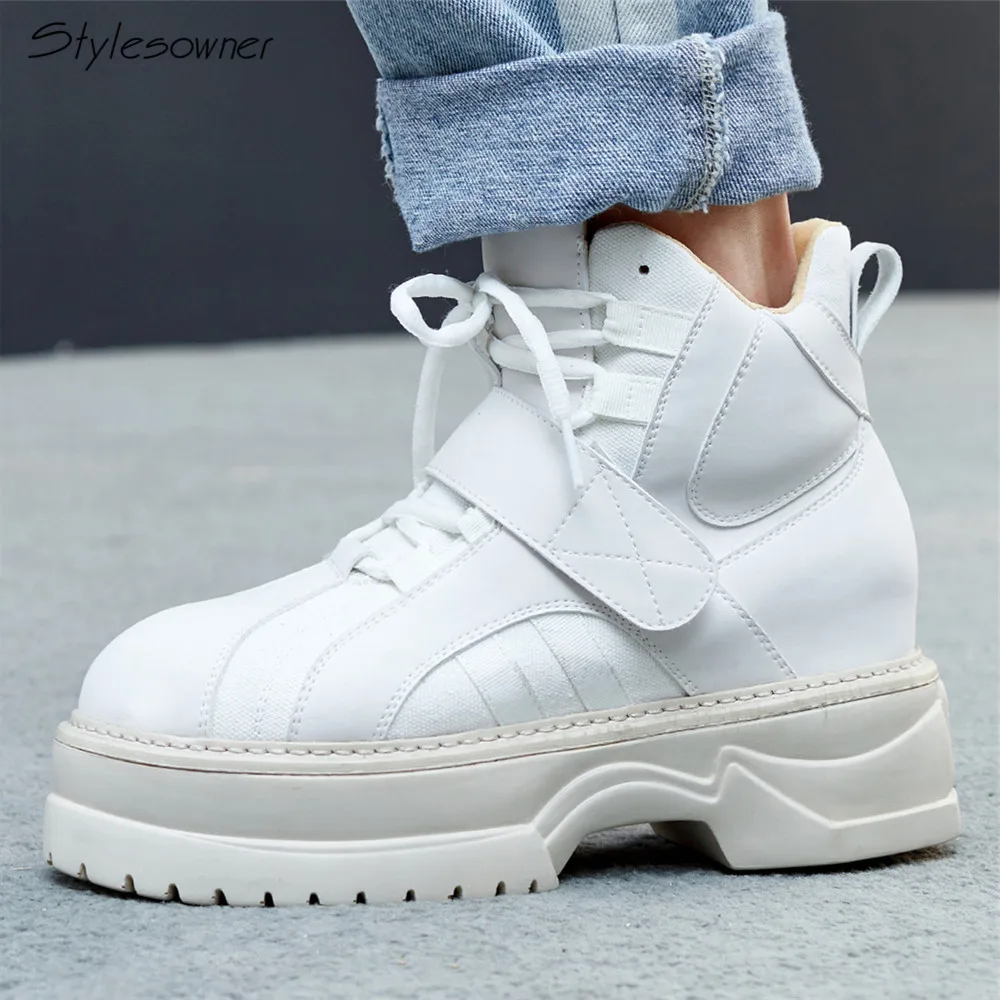 

Stylesowner Women 2018 Fashion Platform High Top Sneakers Lace Up Thick Sole Female Tennis Shoes Platform Heel Casual AnkleBoots