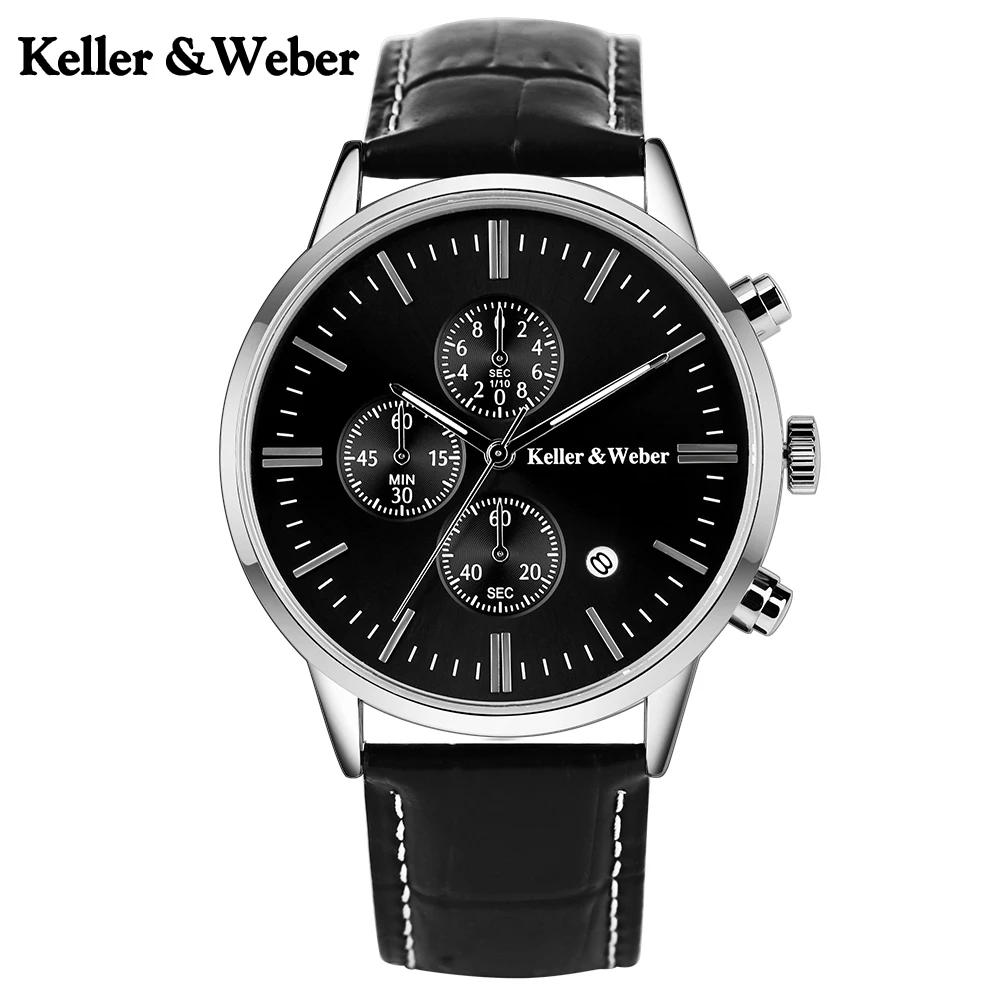 

Keller & Weber Mens Watches 30m Waterproof Quartz Business Watches Date Display Genuine Leather Band Relogio Masculino Best Gift