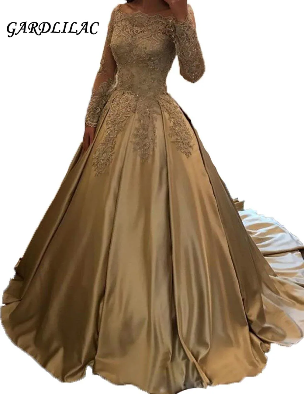 

Gold Long Prom Dress 2018 Off The Shoulder Long Sleeve Ball Gown Satin Appliques Sweet 16 Dresses Wedding Party dresses G062
