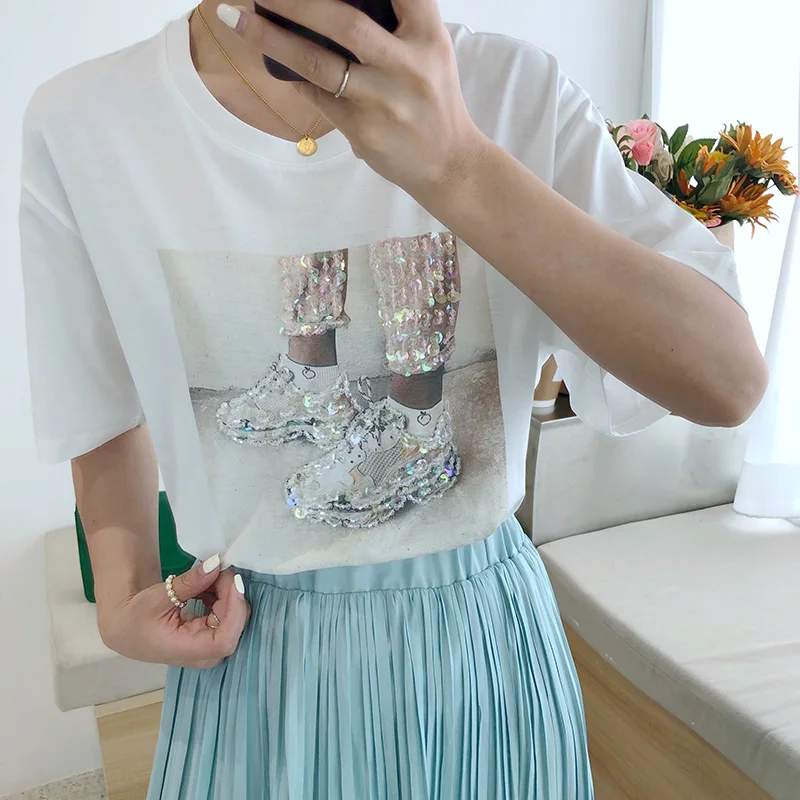 Летняя женская футболка с коротким рукавом, обувь с бисером, хлопковая футболка, топы