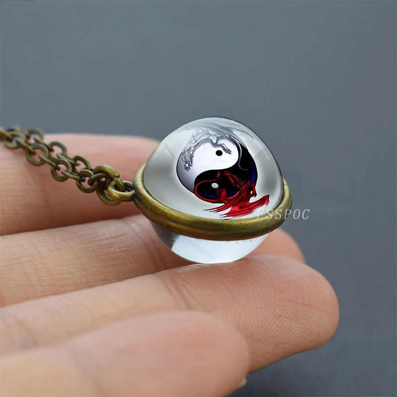 Двухбоковое ожерелье Yin Yang тайцзи стеклянный шар Dragon бронзовая цепочка колье