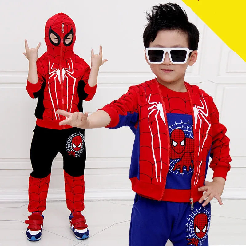 Одежда для маленьких мальчиков Теплый костюм с подкладкой повседневная спортивная одежда костюм Человека-паука для малышей Одежда для выступлений костюм Бэтмена с капюшоном для мальчиков из двух предметов