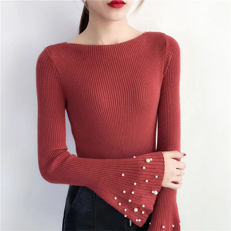 С расклешенными рукавами Для женщин вязаный свитер 2017 осень-зима модные Бисер с