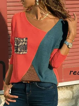 

Casual Color Block Blouse Women Autumn Winter V-neck Women Shirts Long Sleeve Leopard Pocket Ladies Tops Splice Blouses SJ1472M