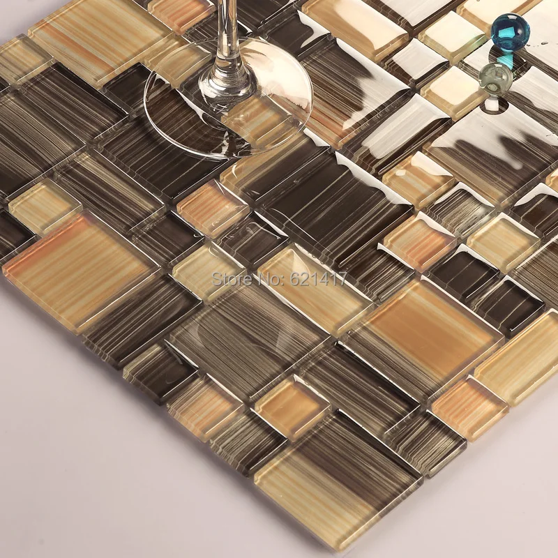 Small And Big Square Brown Color Crystal Glass Mosaic Kitchen
