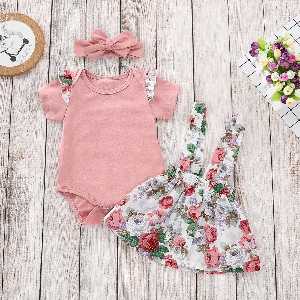 

Baby Girls Cotton Clothes Set Floral Print Vintage Short Sleeve Dress Pink Romper Headband 3pcs Set Clothing Set For Toddler Kid