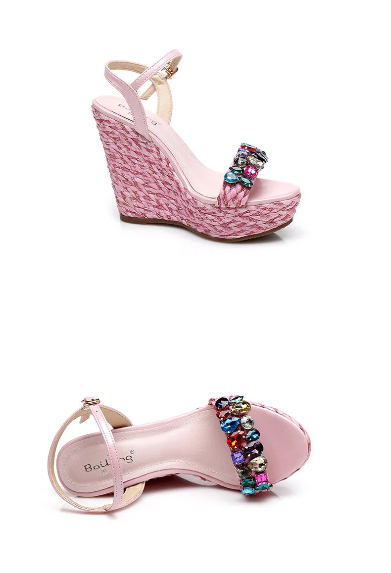 32_Summer Womens Black Buckle Sandals Fashion Elegant Silver Rhinestone Shoes Wedding Bridal High Heel Platform Wedges