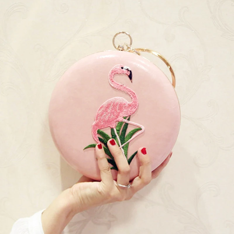 

Small Wome Day Clutch Embroidery Animal Printed Diamonds Evening Bag Pink Black White Round Evening Bag For Wedding