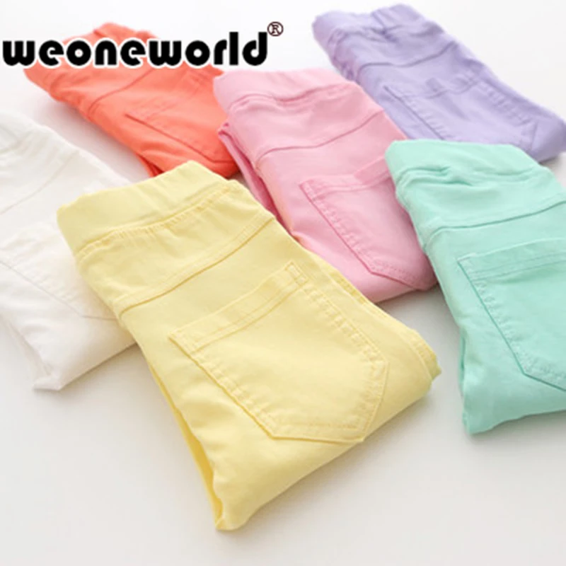

WEONEWORLD 2018 Summer Elestic Waist Children Kids Pants Baby Girl Jeans Candy Color Solid Causal Jeans For Girls Leggings