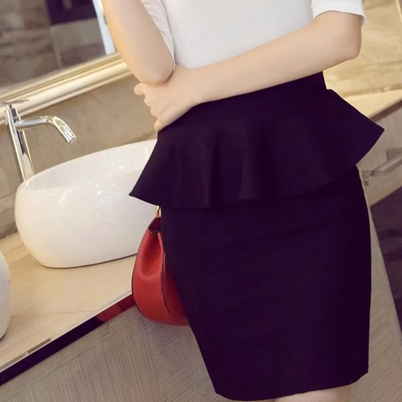 2017 Women Sexy Asymmetry Ruffles Skirt Black Elasticity High Waist