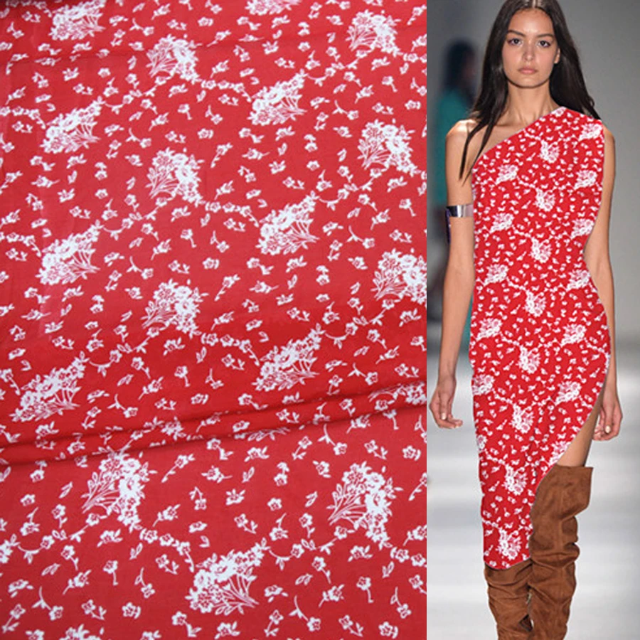

White dandelion on red background silk cotton fabric sheer 10momme 136cm width,SCT107