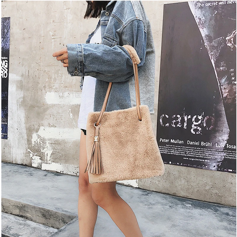 SMOOZA, винтажная женская сумка-мешок на плечо, топ, корейская мода, женская сумка через плечо с кисточкой, искусственный мех, плюш, кроличий мех, сумка-тоут, женская сумка