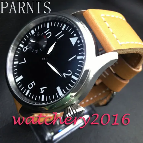 

47mm Parnis Black Dial Brown Leather Strap white numbers Hand Winding 6397 Movement Mens Watch