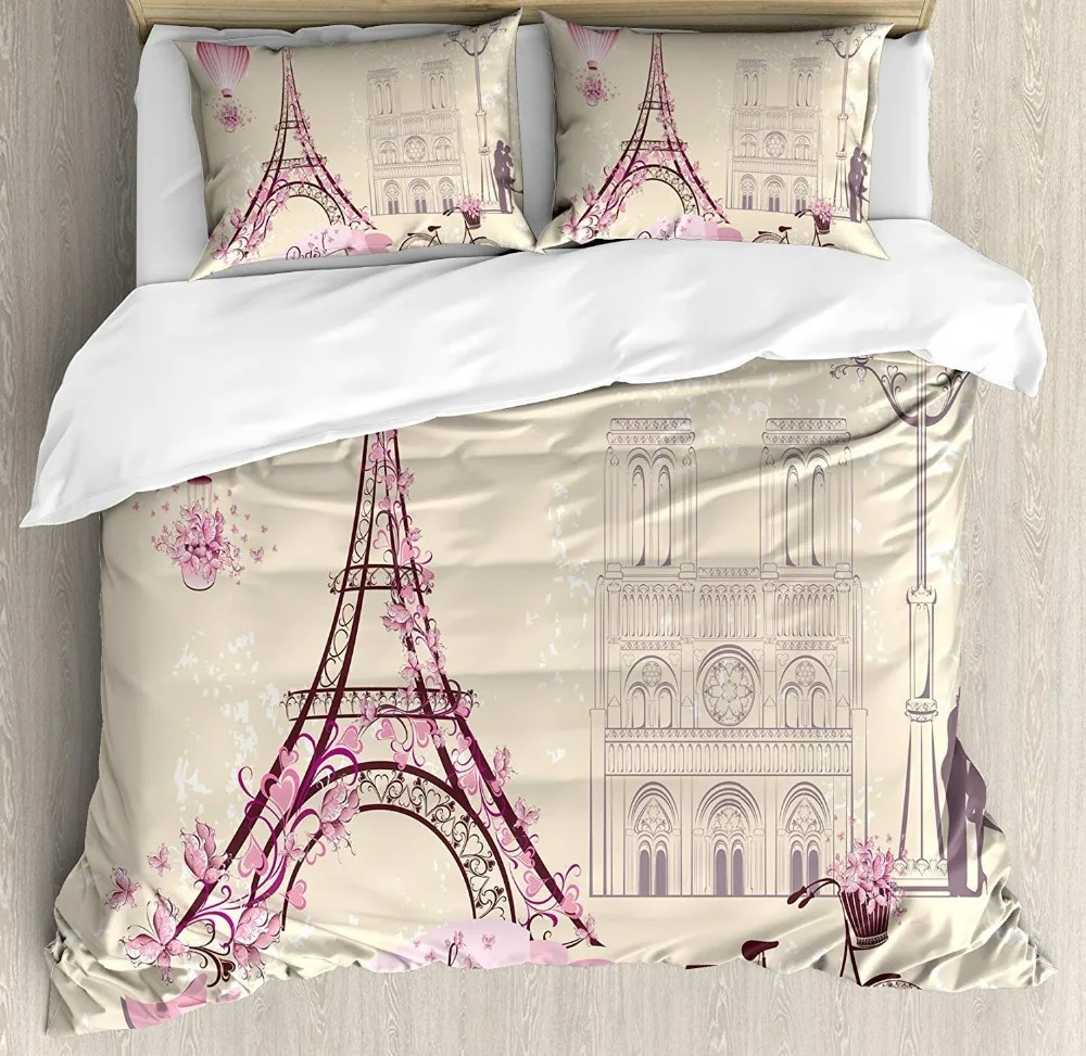 

Kiss Duvet Cover Set Floral Paris Symbols Landmarks Eiffels Tower Hot Air Balloon Bicycle Romantic Couple Decorative Bedding Set