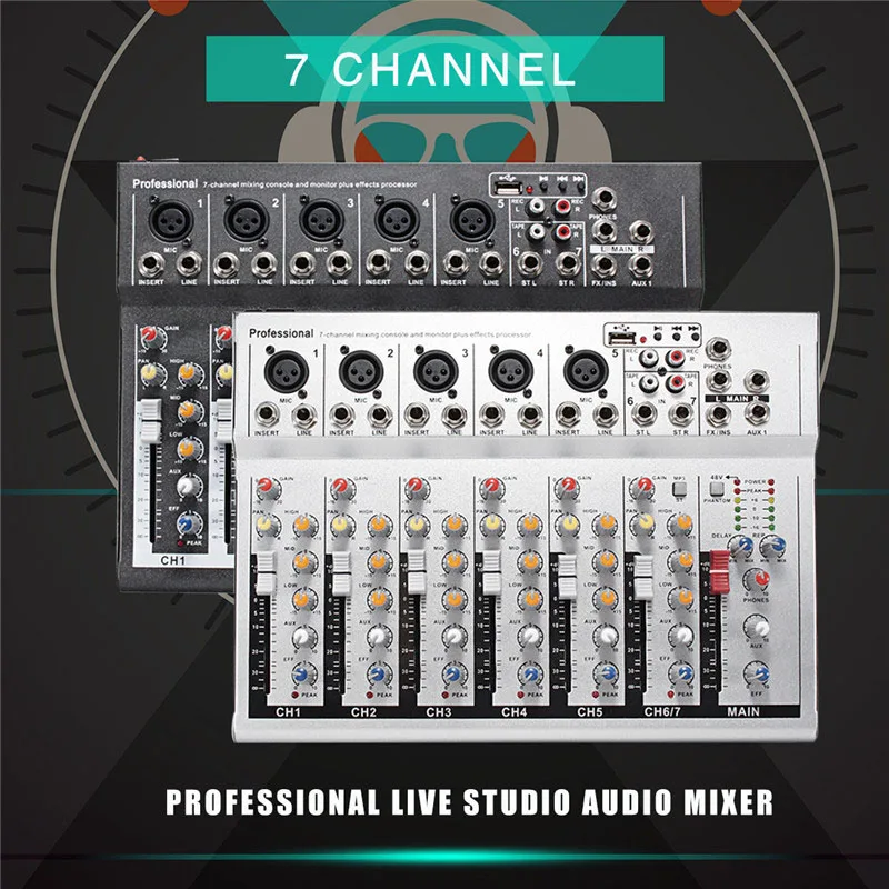 7 Channel Sound Console Mixer Mini Professional Live Studio Audio Mixer USB Mixing Console KTV 48V Network Anchor Sound Card цена 7 Channel Sound Console Mixer Mini Professional Live Studio Audio Mixer USB Mixing Console KTV 48V Network Anchor Sound Card цены онлайн