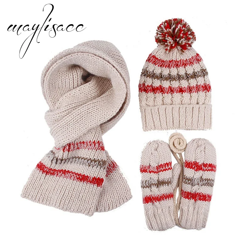 Maylisacc, новинка, 3 шт., женская зимняя теплая вязаная шапка, шапка, шарф с перчатками, модная для девушек, для женщин,, Рождественский подарочный набор - Цвет: Beige