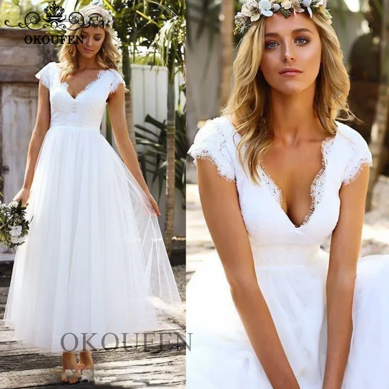 

2019 Ankle Length A Line Wedding Dress With Capped Sleeves Deep V Neck White Tulle Bohemia Beach Bridal Dresses For Women
