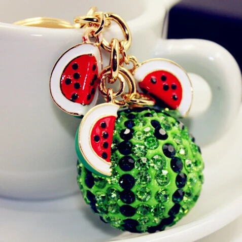 

New Green Watermelon Ball Pendant Key Chain Ring Fashion Rhinestone Trinkets Metal Keychain keyring for Women Bag Charms Jewelry