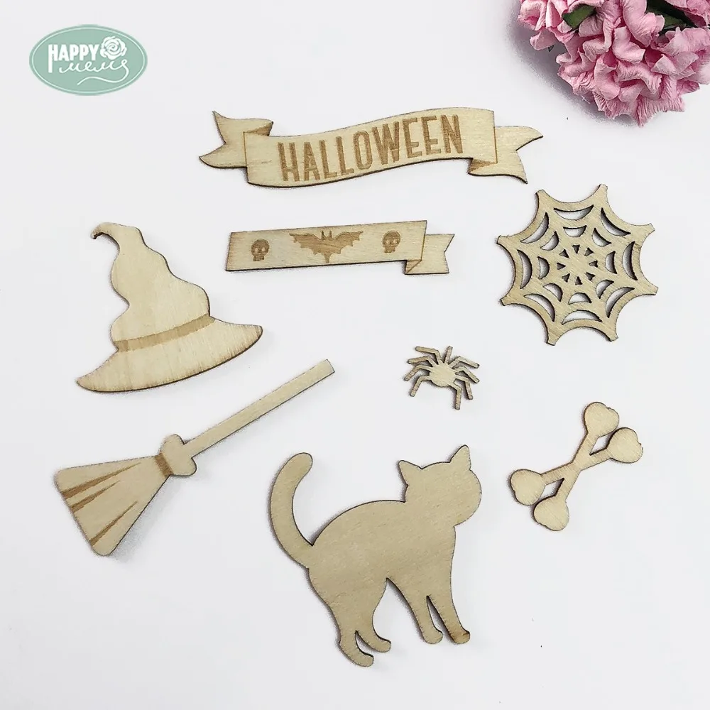 

Happymems Halloween 24pcs/lot DIY Wood Crafts Wall Sticker Embellishments For Scrapbooking Natural Wooden Shapes