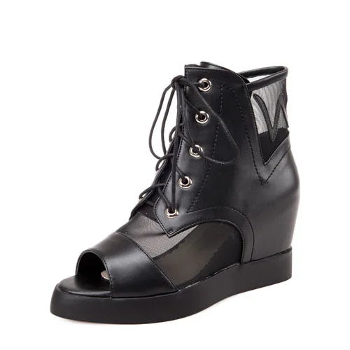 

ENMAYER New 2015 Ankle Boots for Women Round Toe Wedges High Boots Rivets Lace-Up Summer Boots Open Toe Boots Martin