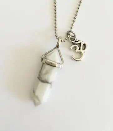 Vintage Silver Ohm Om Charms White stone Natural Stone Bullet Necklace Choker Statement Necklace Pendant Jewelry